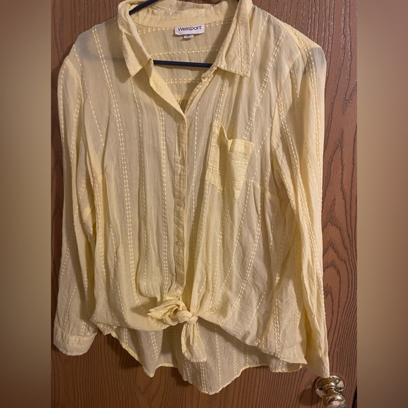 Westport Tops - Westport Light Yellow Sheer Button Down Shirt with Tie Front